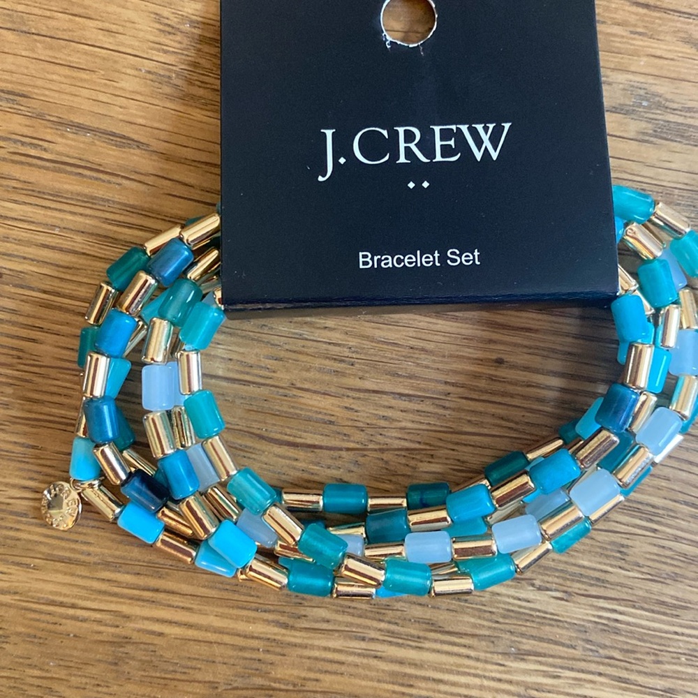 J. Crew Stretchy bracelet set gold blue green beads NEW